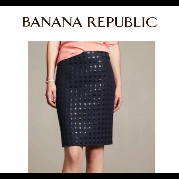 Banana republic Navy blue black check print Pencil skirt work career office - Picture 1 of 14
